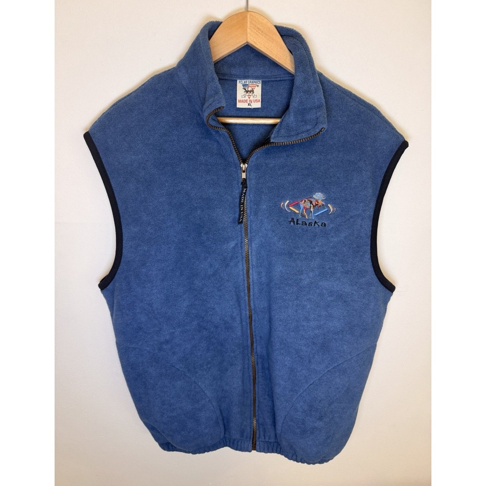 Vintage Polar Graphics Alaska Fleece Vest Mens XL Blue Made USA Embroidered